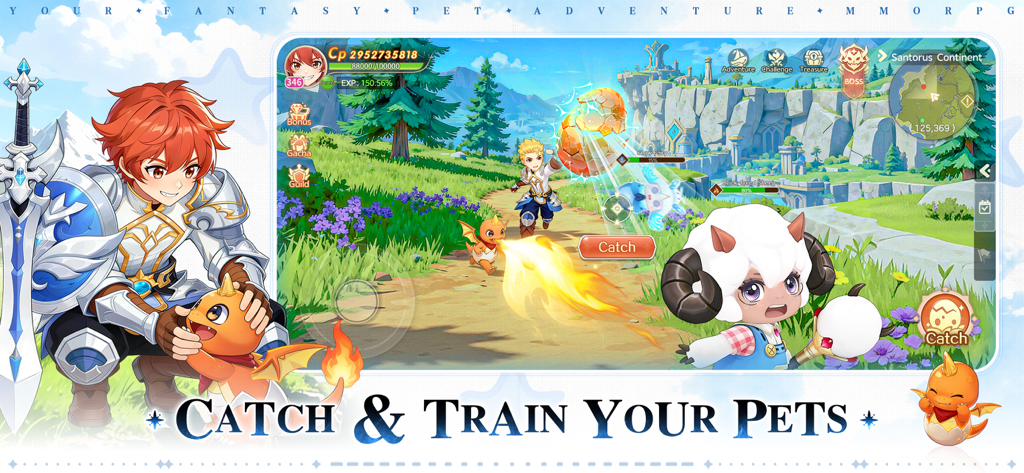 A gameplay screenshot from Magicmon World showing characters catching and training pets in a vibrant fantasy landscape.