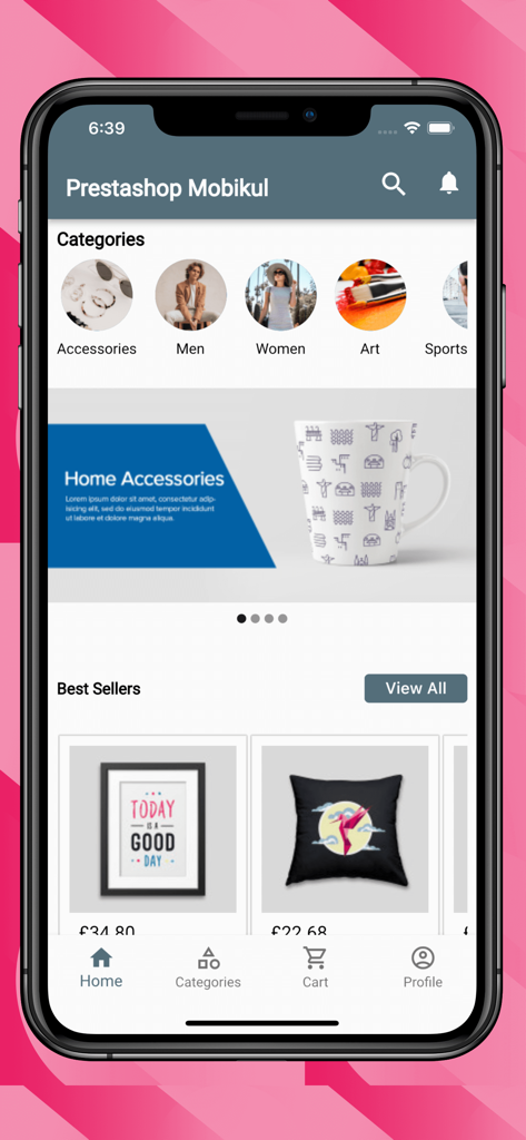 Pantalla de inicio de la demostración de la aplicación móvil PrestaShop Mobikul que muestra las categorías de productos y los más vendidos