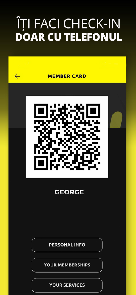 Stay Fit Gym app digital membership card displaying a QR code for mobile check-in.