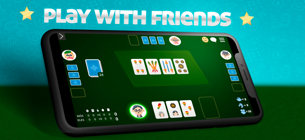 Uno schermo di smartphone che mostra una partita multiplayer del tradizionale gioco di carte italiano Scopa con il testo Gioca con gli Amici