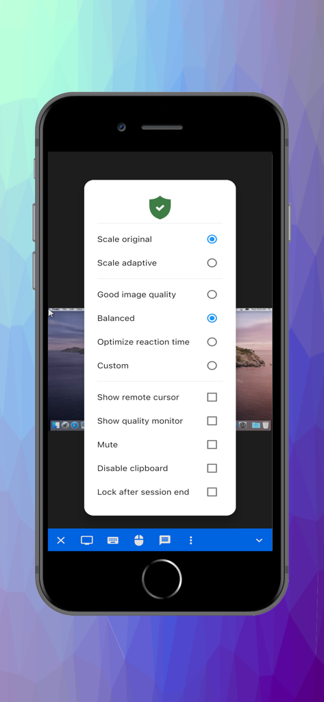 HopToDesk remote desktop settings overlay on an iPhone screen