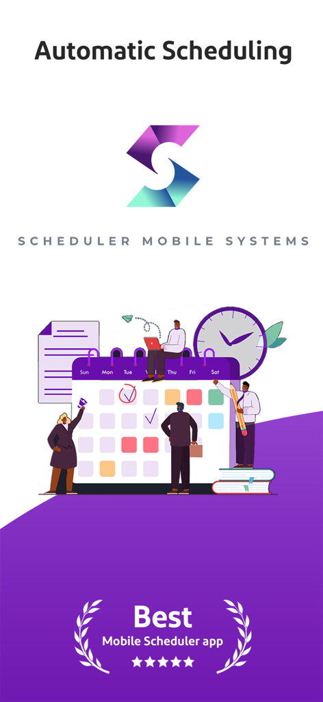 Scheduler: Sling Schedule - Automatic scheduling illustration with calendar and logo for Scheduler Sling mobile app