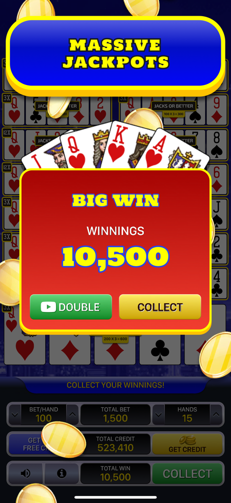 アメリカンビデオポーカーアプリで10,500クレジットを表示するビッグウィンメッセージ