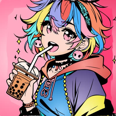 hot baddie anime girl drinking boba and biting the straw