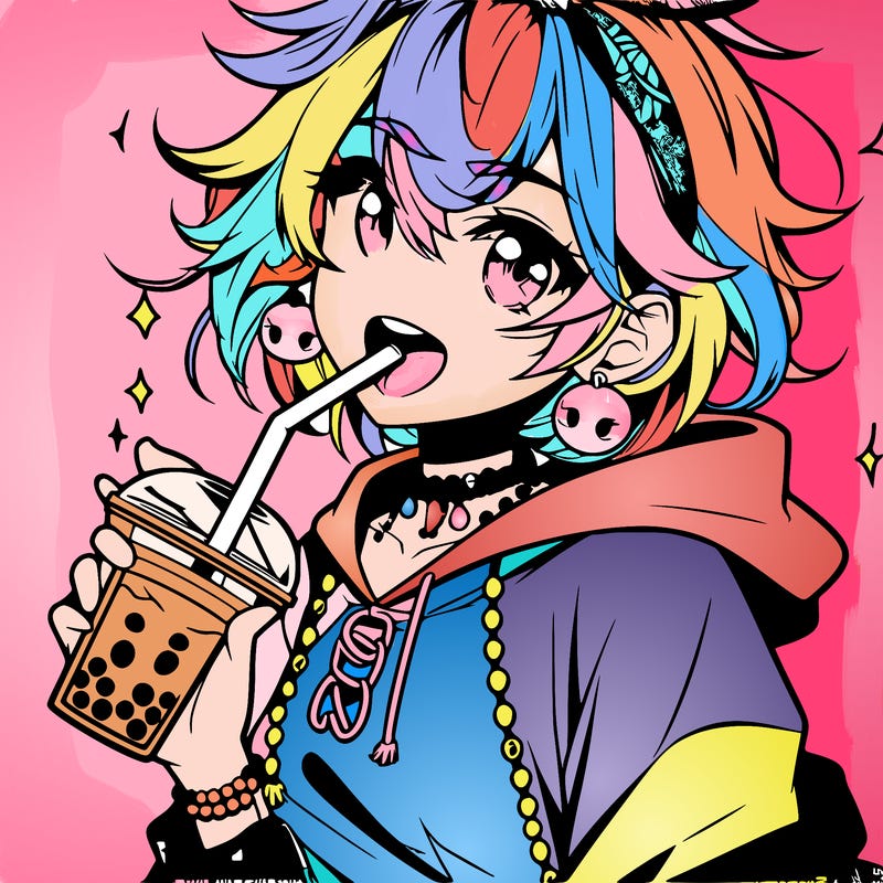 hot baddie anime girl drinking boba and biting the straw