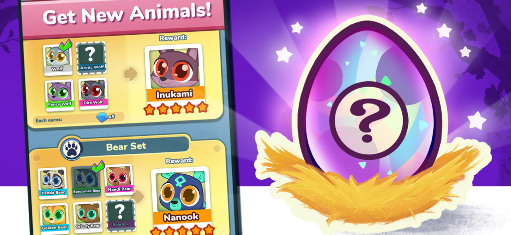 Merge Zoo - Merge Zoo game screen showing animal collection sets for wolves and bears alongside a glowing mystery egg in a nest