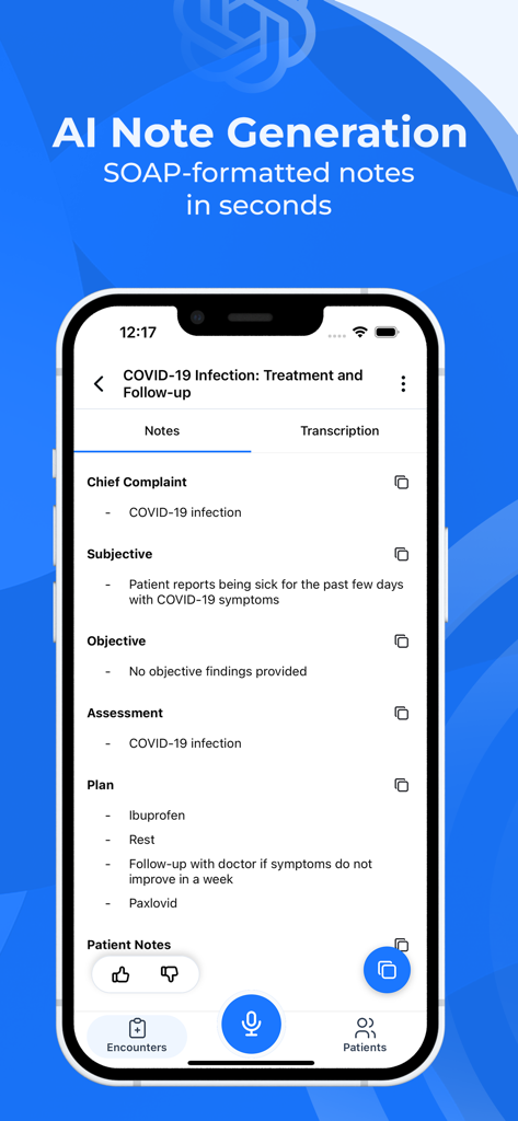 ScribeMD - AI Medical Scribe - Interfaz de la aplicación ScribeMD que muestra notas médicas generadas por IA en formato SOAP en la pantalla de un iPhone