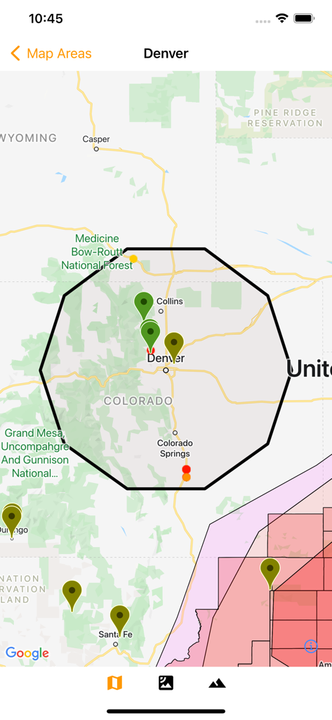 Fireguard Wildfire Tracker - A wildfire tracker map showing the Denver Colorado area with fire incident markers and hazard zones.