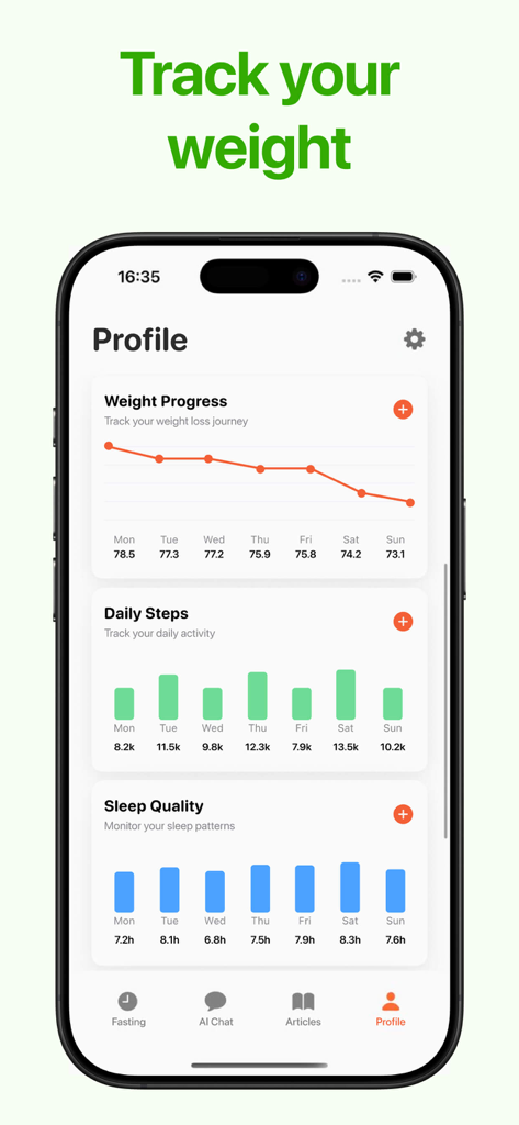 Intermittent Fasting Trackerㅤㅤ - Pantalla de perfil de la aplicación Rastreador de Ayuno Intermitente que muestra el progreso del peso, los pasos diarios y los gráficos de calidad del sueño