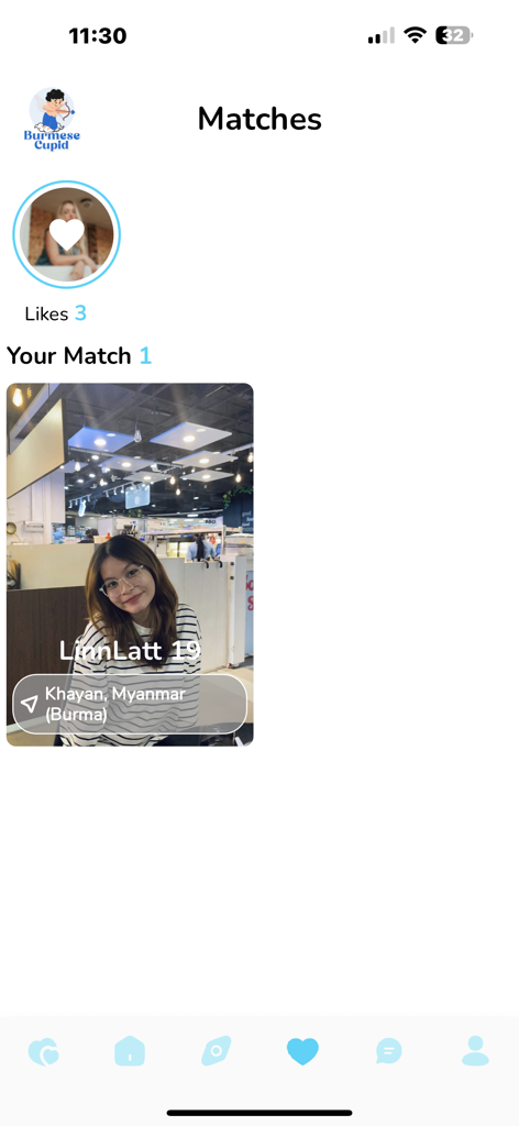 Burmese Cupid - Burmese Cupid dating app matches screen showing likes and a user profile