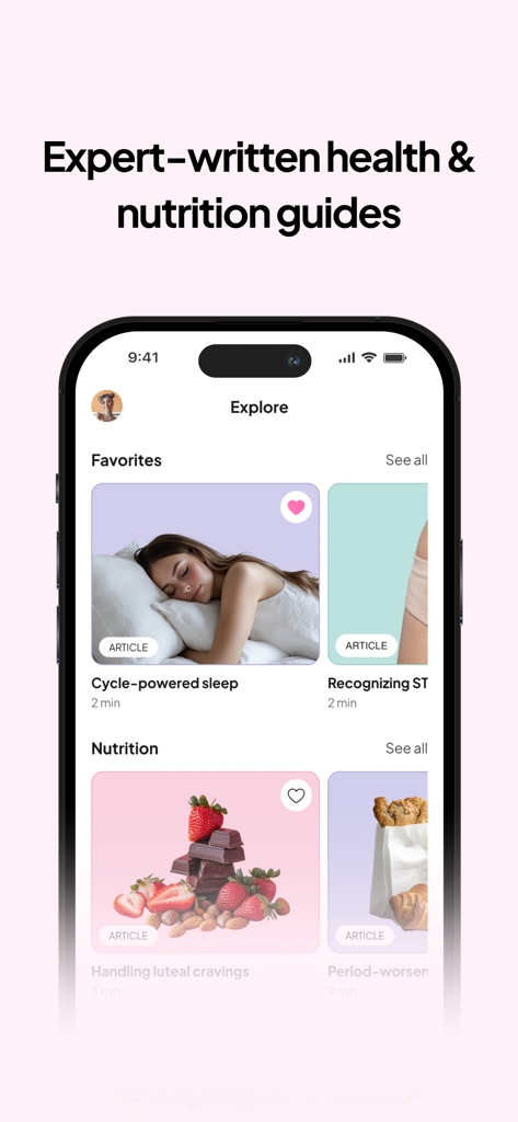 Cycle Diet - Interface of Cycle Diet app displaying expert written health and nutrition guides for women
