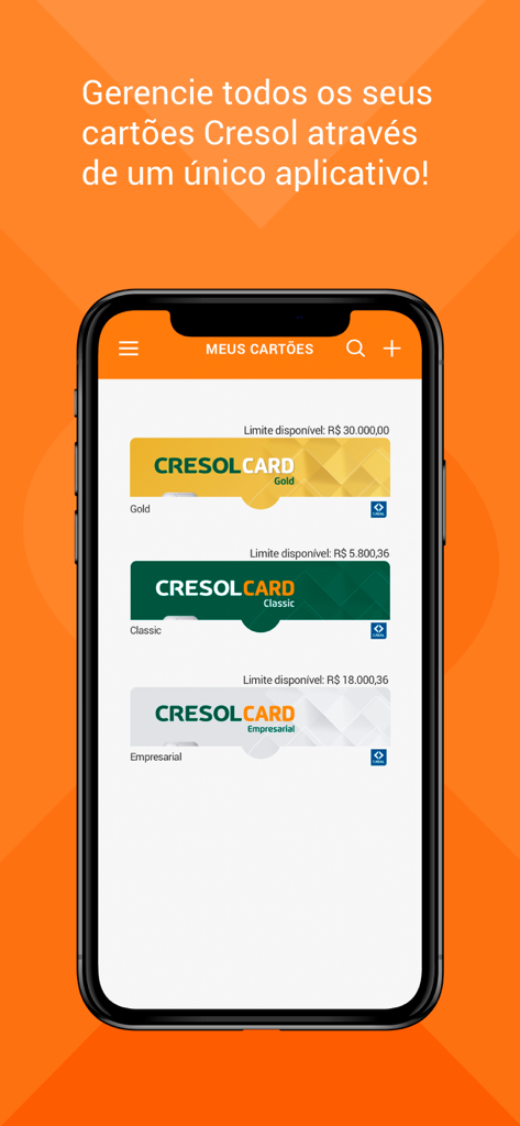 Cresol Cartões - Tela de smartphone mostrando o aplicativo Cresol Cartões com vários cartões de crédito gerenciados e seus limites disponíveis