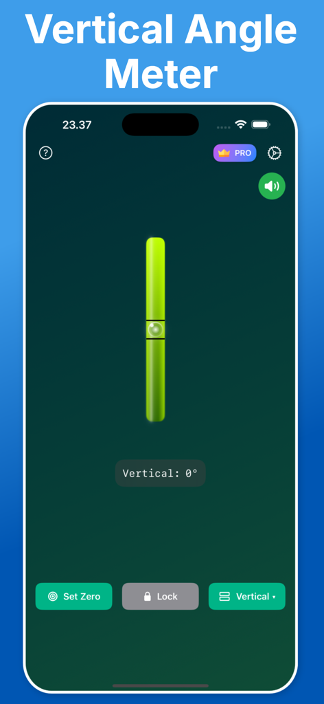 Level Tool ™ - La pantalla de un smartphone que muestra la función de medidor de ángulo vertical de la aplicación Level Tool con un nivel de burbuja ajustado a cero grados.