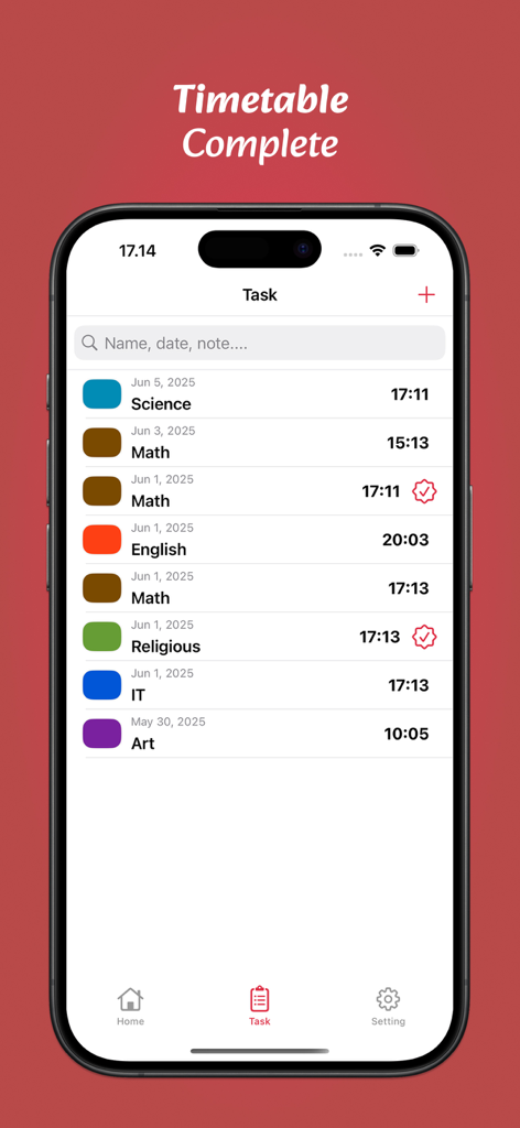 School Timetable & Task - Task list screen in the School Timetable and Task app with color coded subjects and completion marks