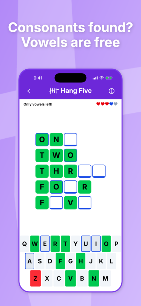 Gameplay screen of Hang Five word puzzle game showing vowel rules and number themed words