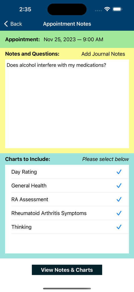 RA Manager app screen for organizing doctor appointment notes and selecting symptom charts