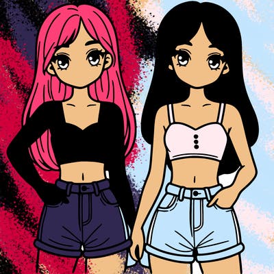 two sisters with crop tops and jean shorts and straight hair