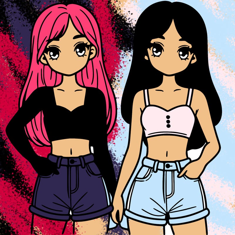 two sisters with crop tops and jean shorts and straight hair