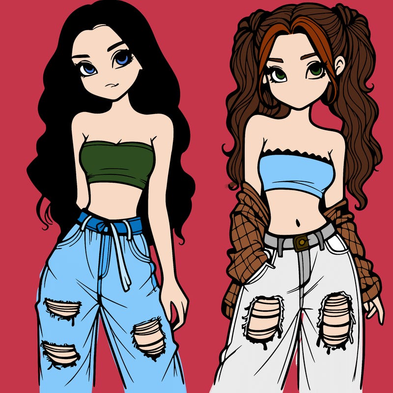 2 girls in crop tops and baggy jeans ripped