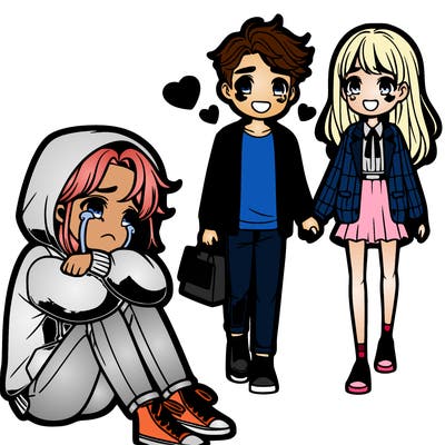 a teenage girl in a hoodie crying on the floor watching a handsome boy and preppy girl walking away holding hands + smiling