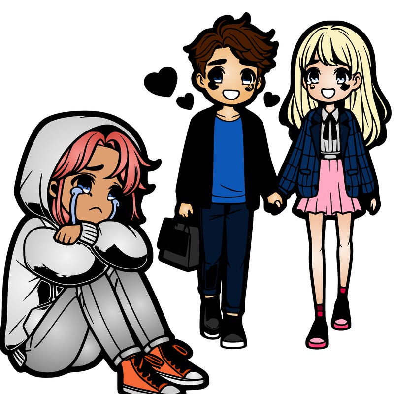 a teenage girl in a hoodie crying on the floor watching a handsome boy and preppy girl walking away holding hands + smiling