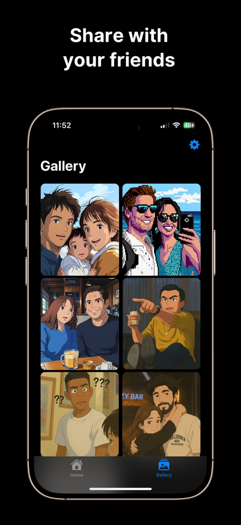 Animefy・AI Anime Art Maker - App interface showing a gallery of AI generated anime portraits to share with friends