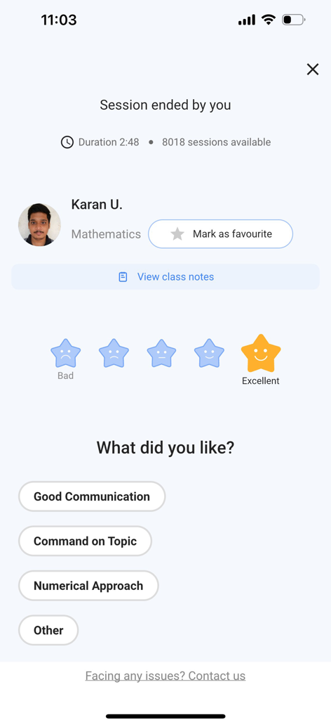 Filo: Homework & Exam Help - Filo app session completion screen where a student gives a five star rating and feedback to a math tutor