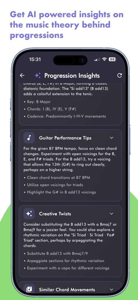 Horucco: Chord Progressions - Horucco app interface displaying AI music theory insights and performance tips