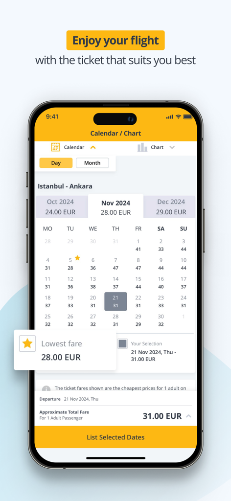 Pegasus Flug-App-Kalenderansicht mit Flugpreisen und Hervorhebungen der günstigsten Tarife für die Buchung