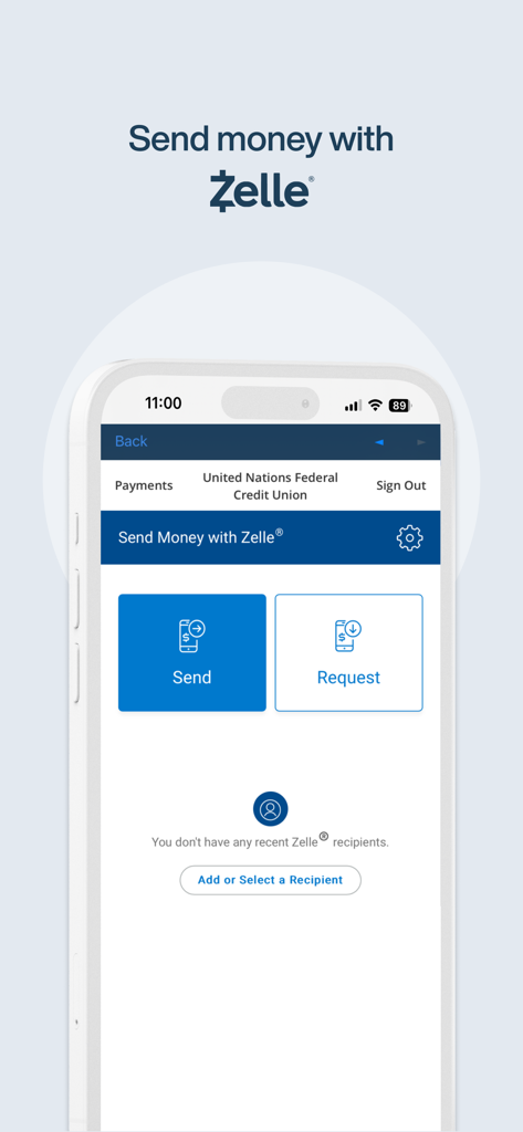 Interface of the UNFCU Digital Banking app showing options to send or request money via Zelle