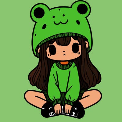 a girl wearing a frog hat and some frog socks