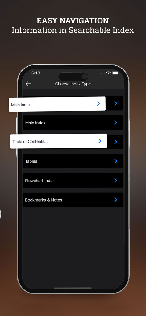 Cardiac Pacing and ICDs - Interface do aplicativo Estimulação Cardíaca e CDsI mostrando o índice e as opções de navegação.