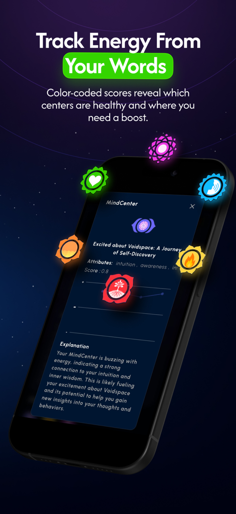 Voidspace AI - Voidspace AI app interface showing the MindCenter feature which tracks emotional energy and intuition scores from user words
