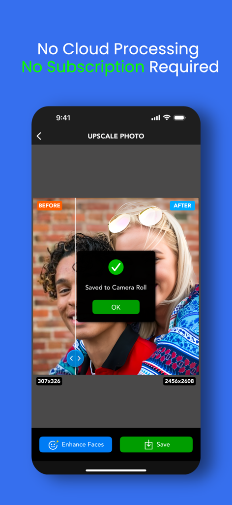 UpRes: AI Photo Video Enhancer - A mobile interface showing a before and after comparison of an AI upscaled photo with improved resolution and clarity