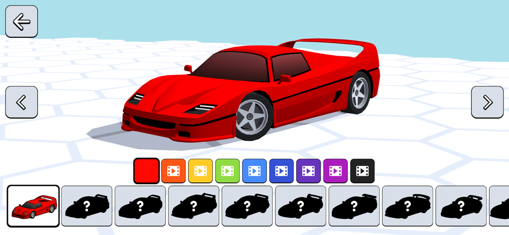 Race Survival Arena King - Garagenmenü in Race Survival Arena King, das einen roten Supersportwagen mit Farb- und Fahrzeug-Freischaltungsoptionen zeigt