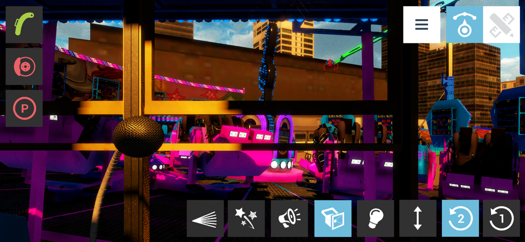 In-game view from a funfair ride operator booth showing a detailed control panel and a colorful amusement attraction.