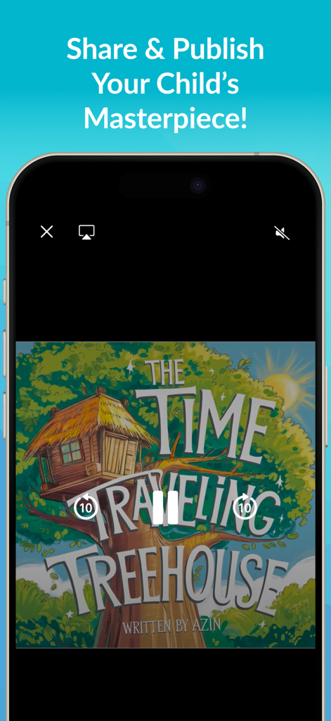 My Story Kids' Storybook Maker - A mobile screen from the My Story app showing a digital storybook cover titled The Time Traveling Treehouse with a treehouse illustration.