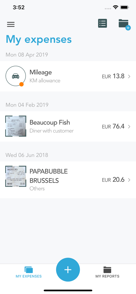 SpendCatcher by Mobilexpense - SpendCatcher Mobile-App-Bildschirm, der eine Liste der erfassten Ausgaben anzeigt, einschließlich Kilometer und Restaurantbelegen