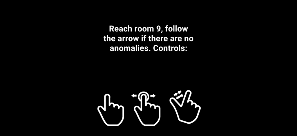 Edward The Detective: Exit - Black screen showing game objective to reach room nine and hand icons for touch control gestures