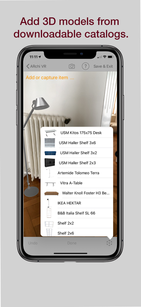 ARchi VR - Create & Browse AR - ARchi VR app screen showing a catalog of 3D furniture models to add in AR