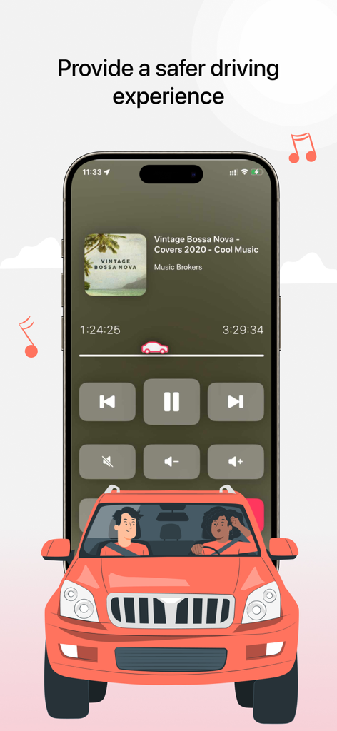 9Tube app music player interface designed for a safer driving experience with large controls