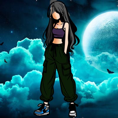 girl in baggy pants crop top and long hair