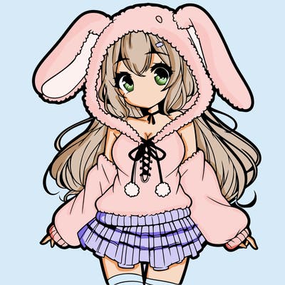pretty anime girl wearing a fluffy hoodie with bunny ears on the hood and a skirt