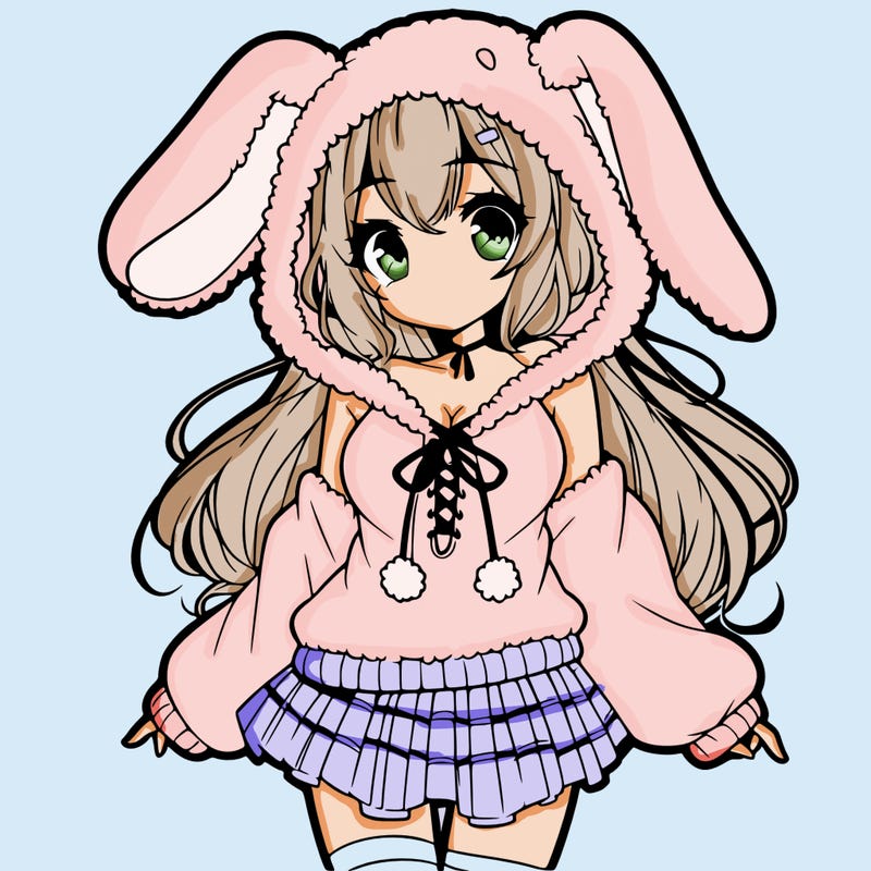 pretty anime girl wearing a fluffy hoodie with bunny ears on the hood and a skirt