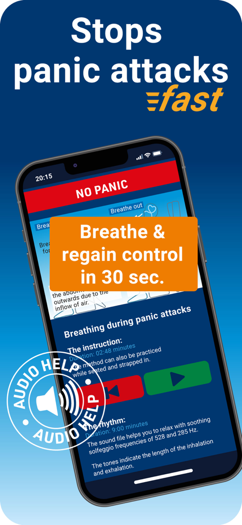 PassengerGuard: Fear of Flying - Pantalla de la aplicación PassengerGuard para ejercicios de respiración para detener ataques de pánico durante los vuelos
