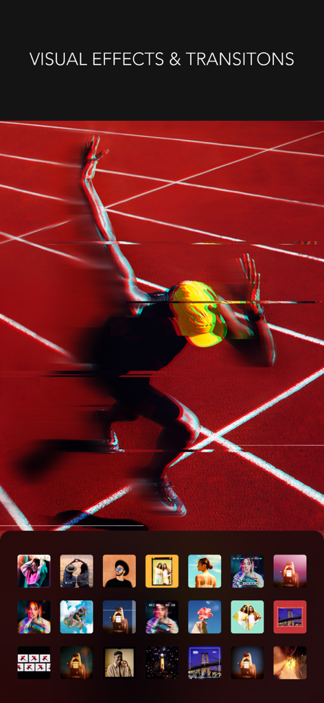 A preview of visual effects and transitions in MOLDIV VideoLab featuring a glitch effect on a runner