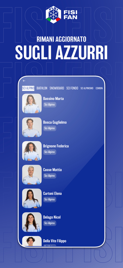 FISI FAN - Interface do aplicativo FISI FAN mostrando uma lista de atletas italianos de esqui alpino com seus nomes e fotos
