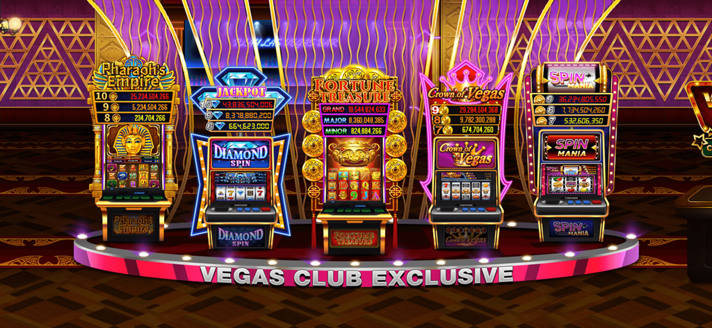 Play Las Vegas - Casino Slots - Five different themed slot machines in the Vegas Club Exclusive room of the Play Las Vegas app