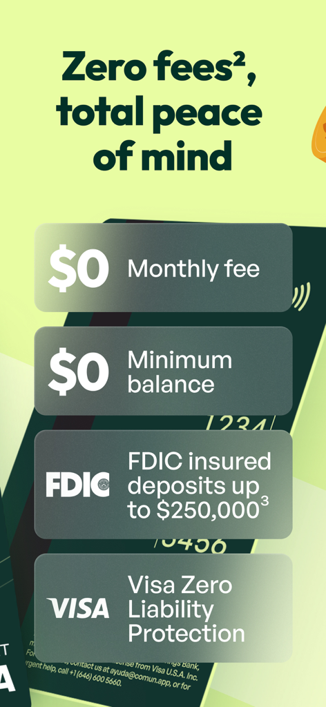 Infographic showing Común app benefits including zero monthly fees, no minimum balance, FDIC insurance, and Visa liability protection.