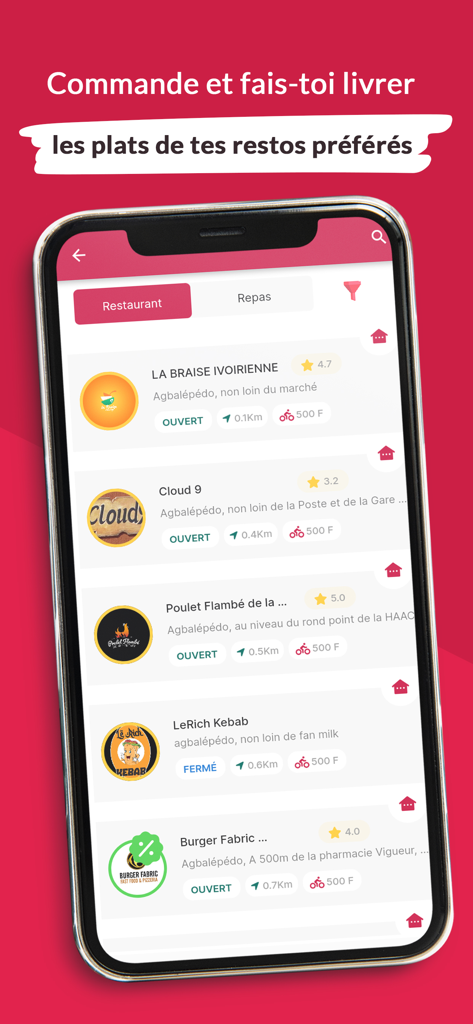 KABA - Kabaアプリのモバイルスクリーンショット。ロメでの食品配達のための様々な地元レストランを表示